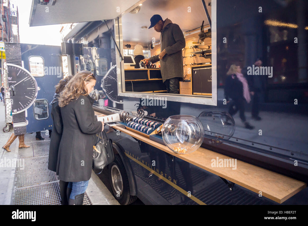 Pop-up truck selling Swedish brand Daniel Wellington watches Soho in New on Sunday, December 4, 2016. (© Richard B. Stock Photo -