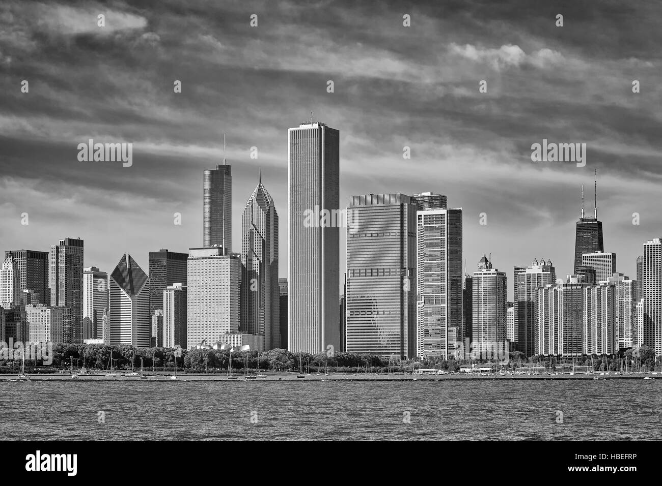Black and white photo of Chicago city skyline, USA. Stock Photo