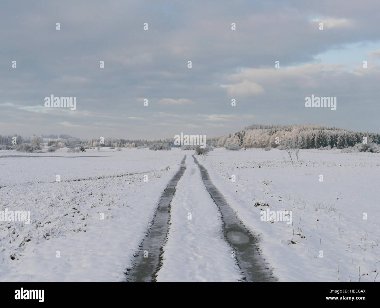 Car traces on winter road Stock Photo - Alamy
