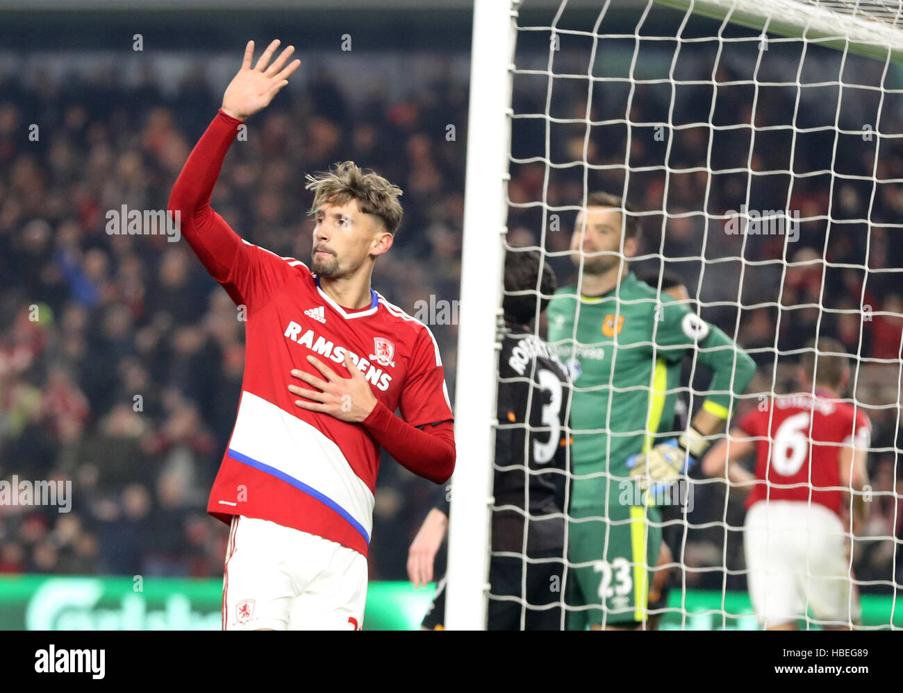 Middlesbrough's Gaston Ramirez celebrates scoring his side's first goal of the game during the Premier League match at the Riverside Stadium, Middlesbrough. Stock Photo