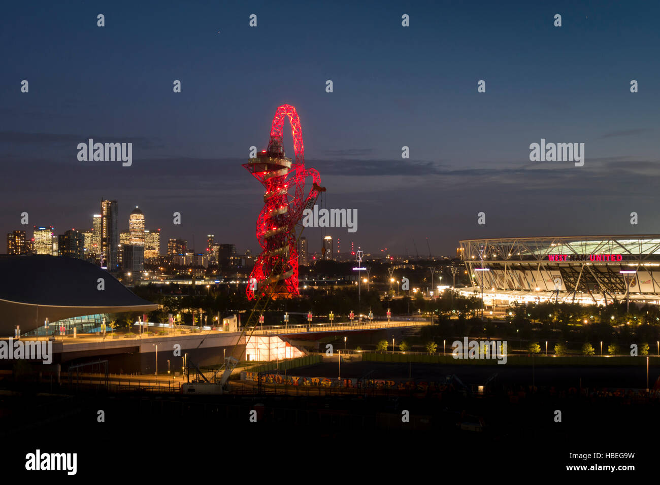 UK, England, London, Olympic Park Orbit Canary Wharf dusk Stock Photo