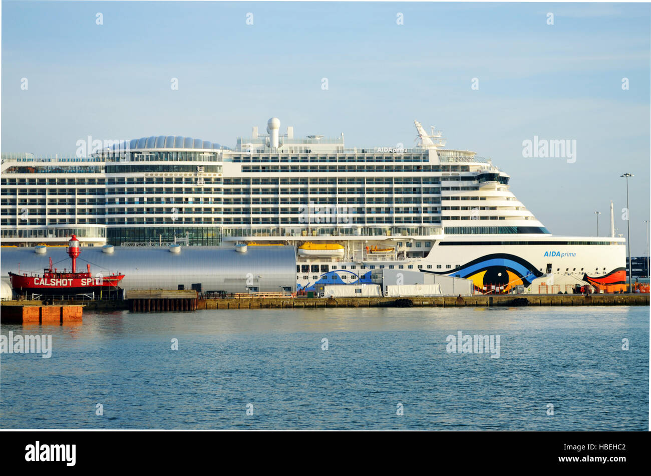 Cruise liner AIDA Prima and Calshot spit lightship at at Ocean Cruise Terminal (Berth 46) in Southampton, UK Stock Photo