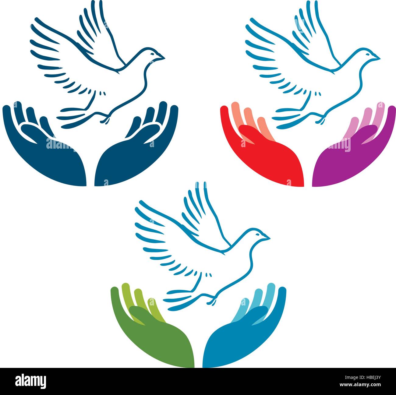 Pigeon of peace flying from open hands icon. Charity, ecology, natural environment vector logo or symbol Stock Vector