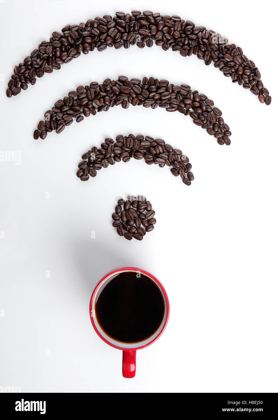 Red coffee cup with wifi icon beans for cafe on white background Stock