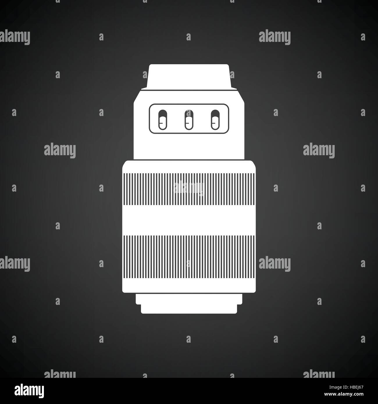 Icon of photo camera zoom lens. Black background with white. Vector