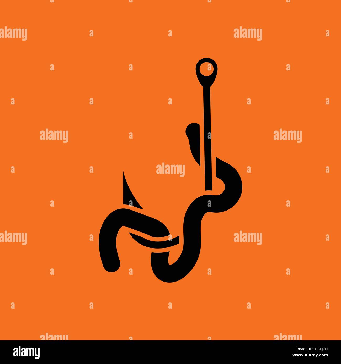 Icon of worm on hook. Orange background with black. Vector illustration. Stock Vector
