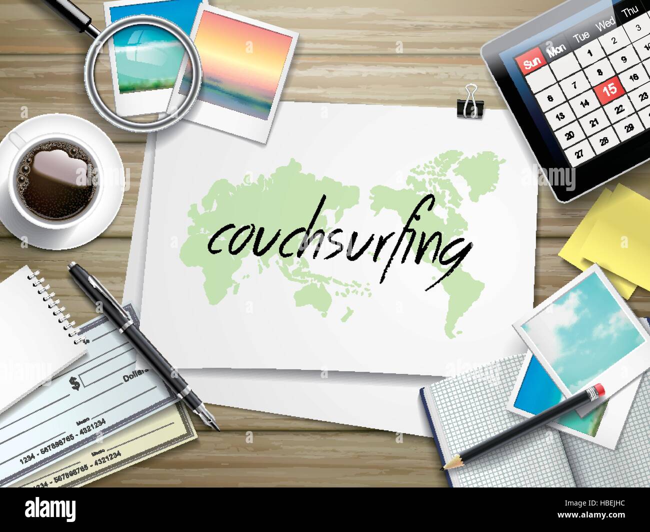 top view of travel items on wooden table with couchsurfing word written on paper Stock Vector