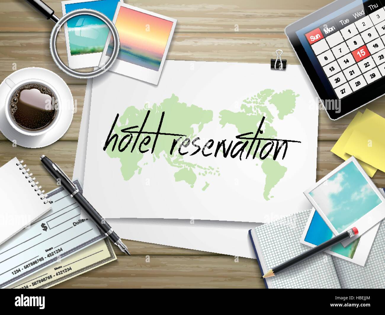 top view of travel items on wooden table with hotel reservation written on paper Stock Vector