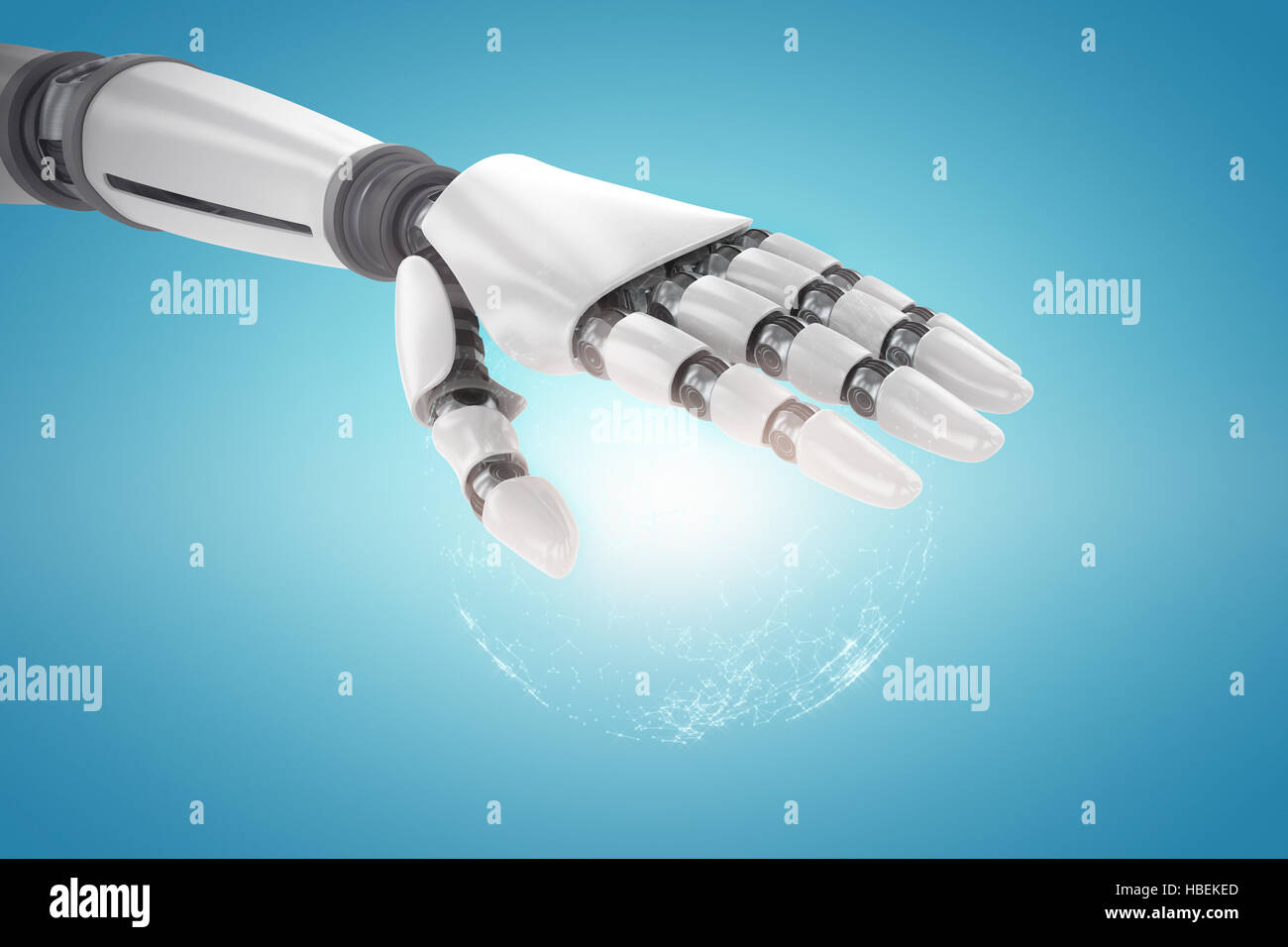Composite image of robotic hand over white background Stock Photo