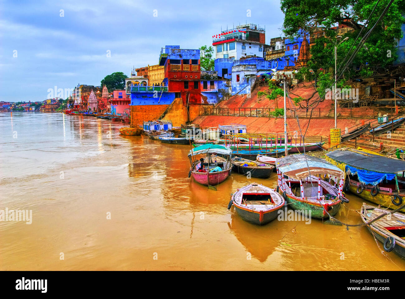 View of Varanasi on river Ganges, India Stock Photo