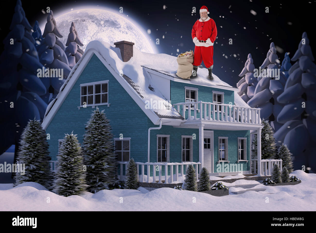 Composite image of santa claus standing with bag of gifts Stock Photo