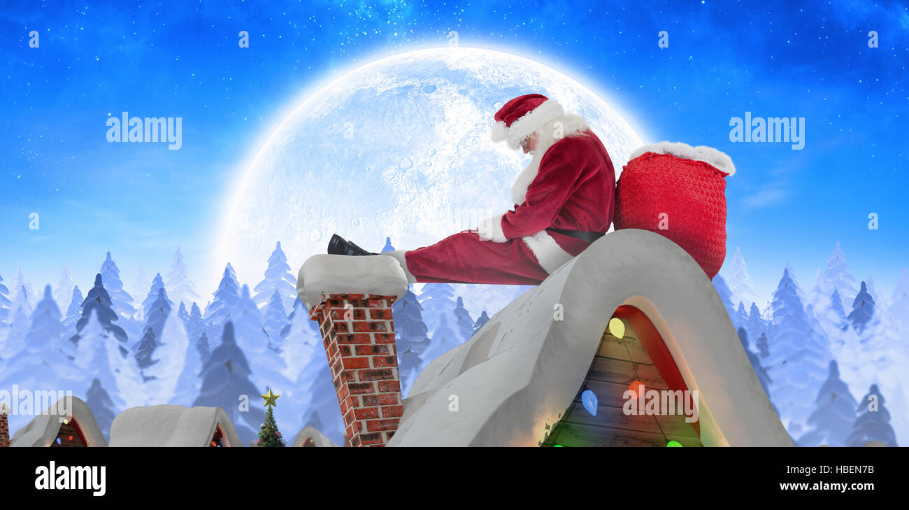 Composite image of santa sits leaned on his bag Stock Photo