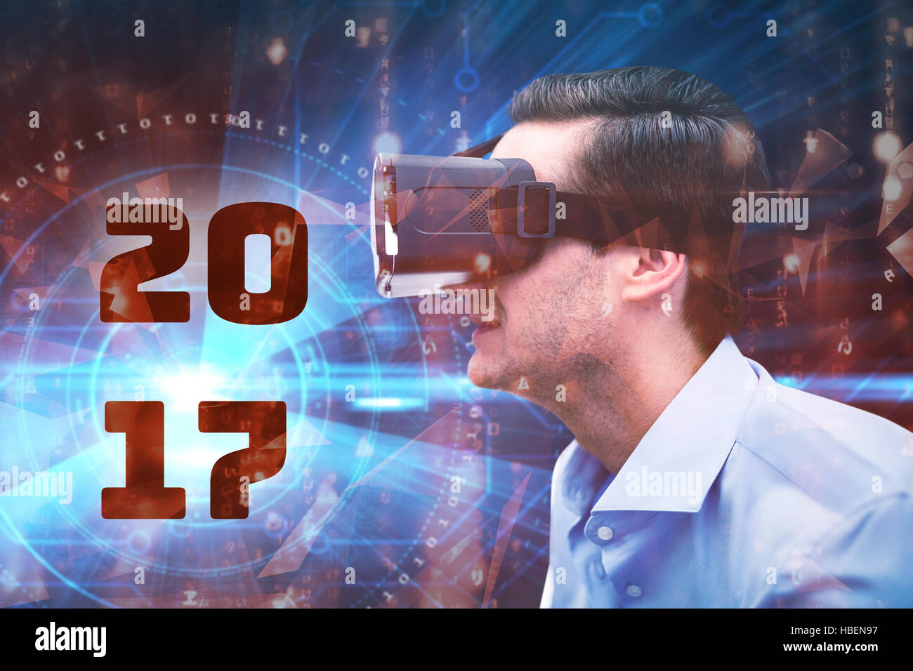 Composite image of profile view of businessman holding virtual glasses Stock Photo
