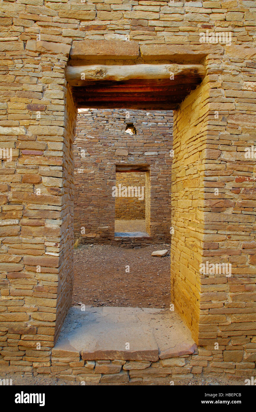 Interior Doorways, Pueblo Bonito Chacoan Great House, Anasazi Hisatsinom Ancestral Pueblo Site, Chaco Culture National Historical Park, Chaco Canyon, Stock Photo