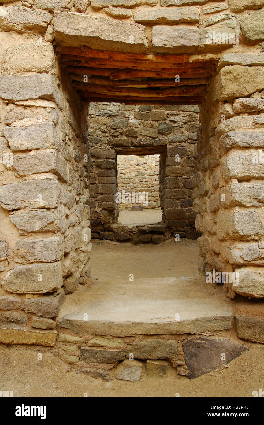 Exterior Doorways, West Ruin Anasazi Hisatsinom Chacoan Complex, Aztec Ruins National Monument, Aztec, New Mexico Stock Photo