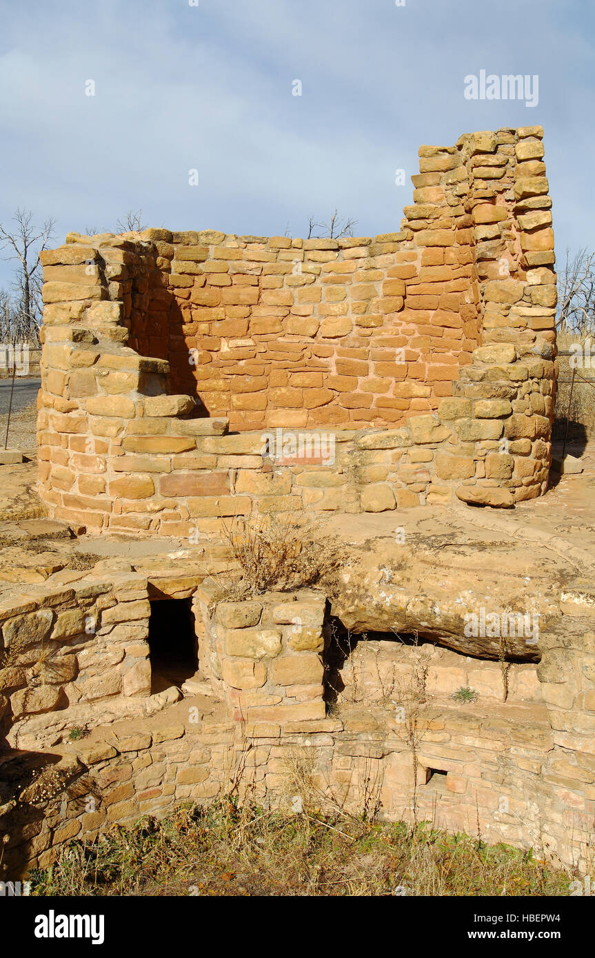 Round Tower and Kiva, Anasazi Hisatsinom Ancestral Puebloan Site, Square Tower Settlement, Little Ruin Canyon, Hovenweep National Monument, Colorado - Stock Photo