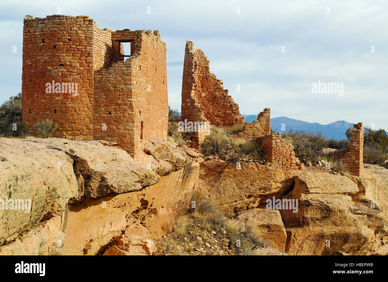 Hovenweep Castle, Anasazi Hisatsinom Ancestral Puebloan Site, Square Tower Settlement, Little Ruin Canyon, Hovenweep National Monument, Colorado - Uta Stock Photo