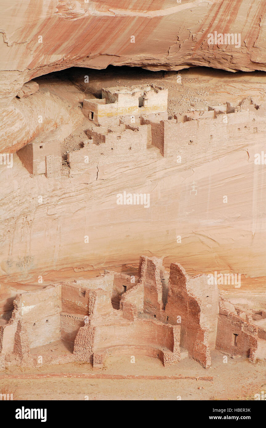 White House Ruins and Petroglyphs, Canyon de Chelly from White House Overlook, Anasazi Hisatsinom Cliff Dwellings, Canyon de Chelly National Monument, Stock Photo