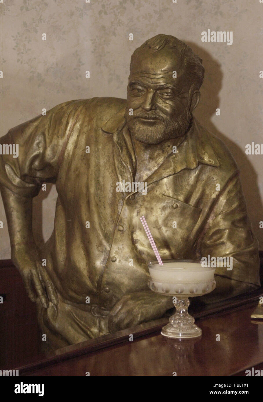Photo File/ HAVANA, CUBA: Ernest Hemingway statue is seen in the Restorant 'Floridita' place frequented drink 'Daiquiri'.  American group led by U.S. Rep. James McGovern, a Massachusetts Democrat, signed an agreement to collaborate on the restoration and preservation of 2,000 letters, 3,000 personal photographs and some draft fragments of novels and stories that were kept in the humid basement of Finca de Vigia, the villa outside Havana where Hemingway lived from 1939-1960. Funded by the Rockefeller Foundation, the joint effort by the New York-based Social Science Research Council and the Cuba Stock Photo