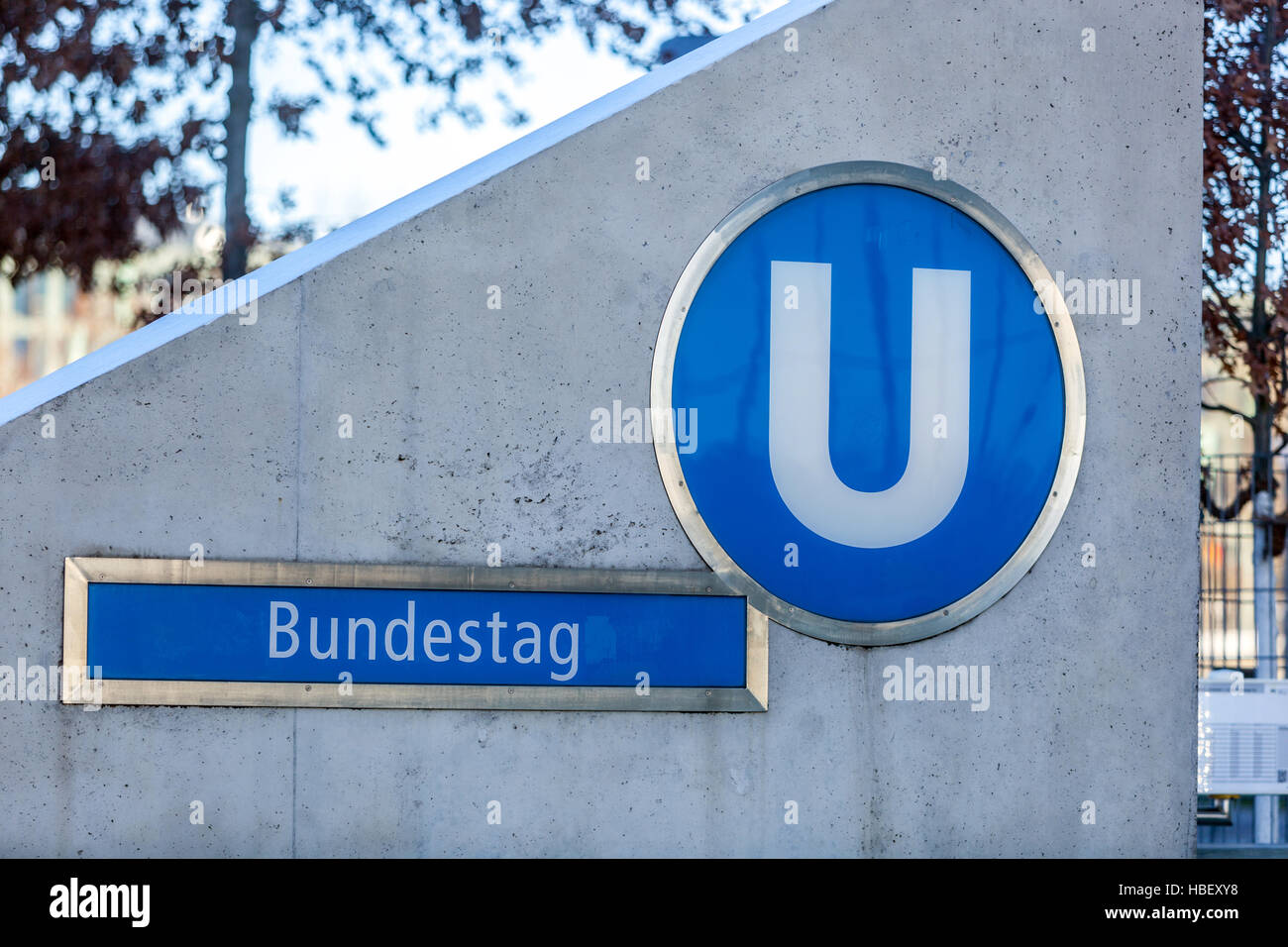 Bundestag underground station sign in Berlin,Germany Stock Photo