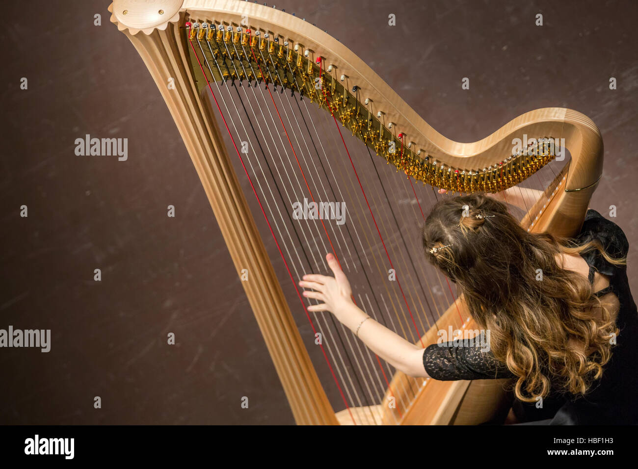 Top view of classical harp on the stage during a concert Stock Photo