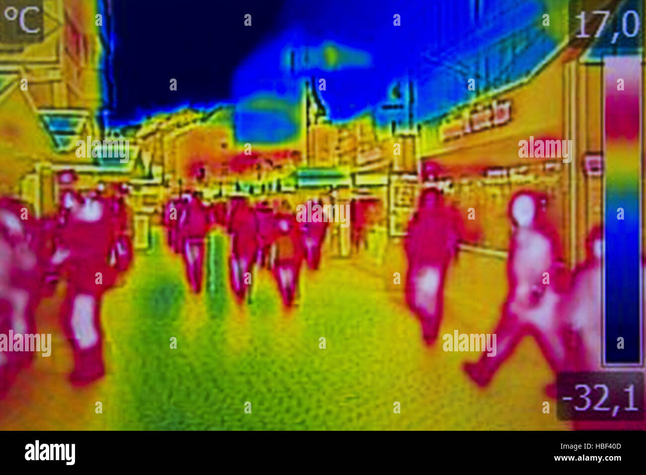 Infrared Thermal image people walking the city streets Stock Photo