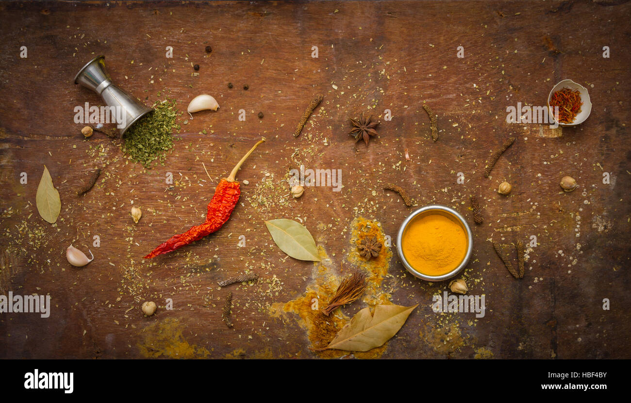 Spices for heath and cooking on background. Stock Photo