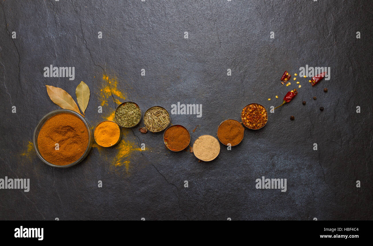 Spices for heath and cooking on background. Stock Photo