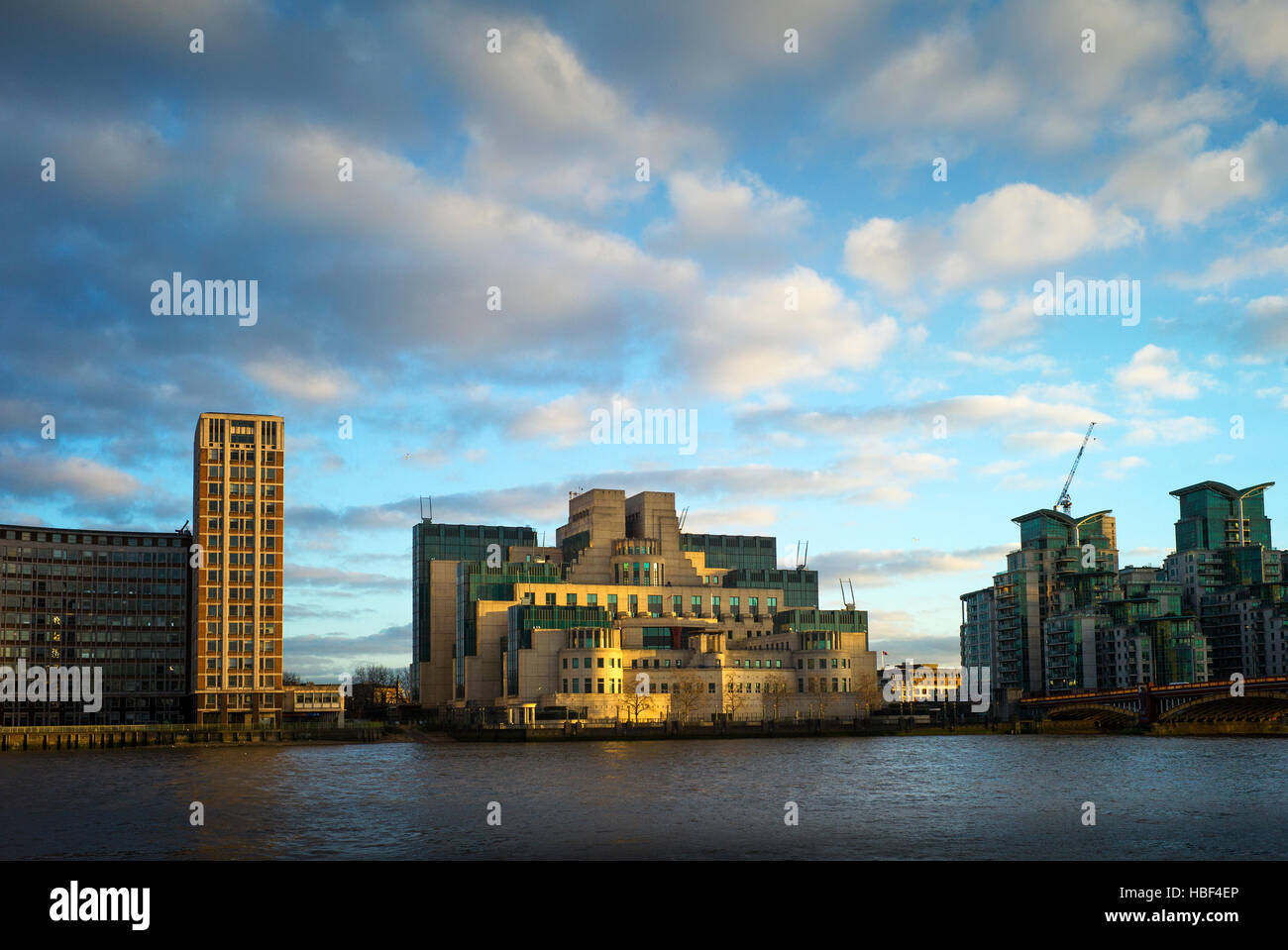 London. MI6 / SIS HQ at Vauxhall Cross seen across the River Thames at Millbank. December 2016 Stock Photo