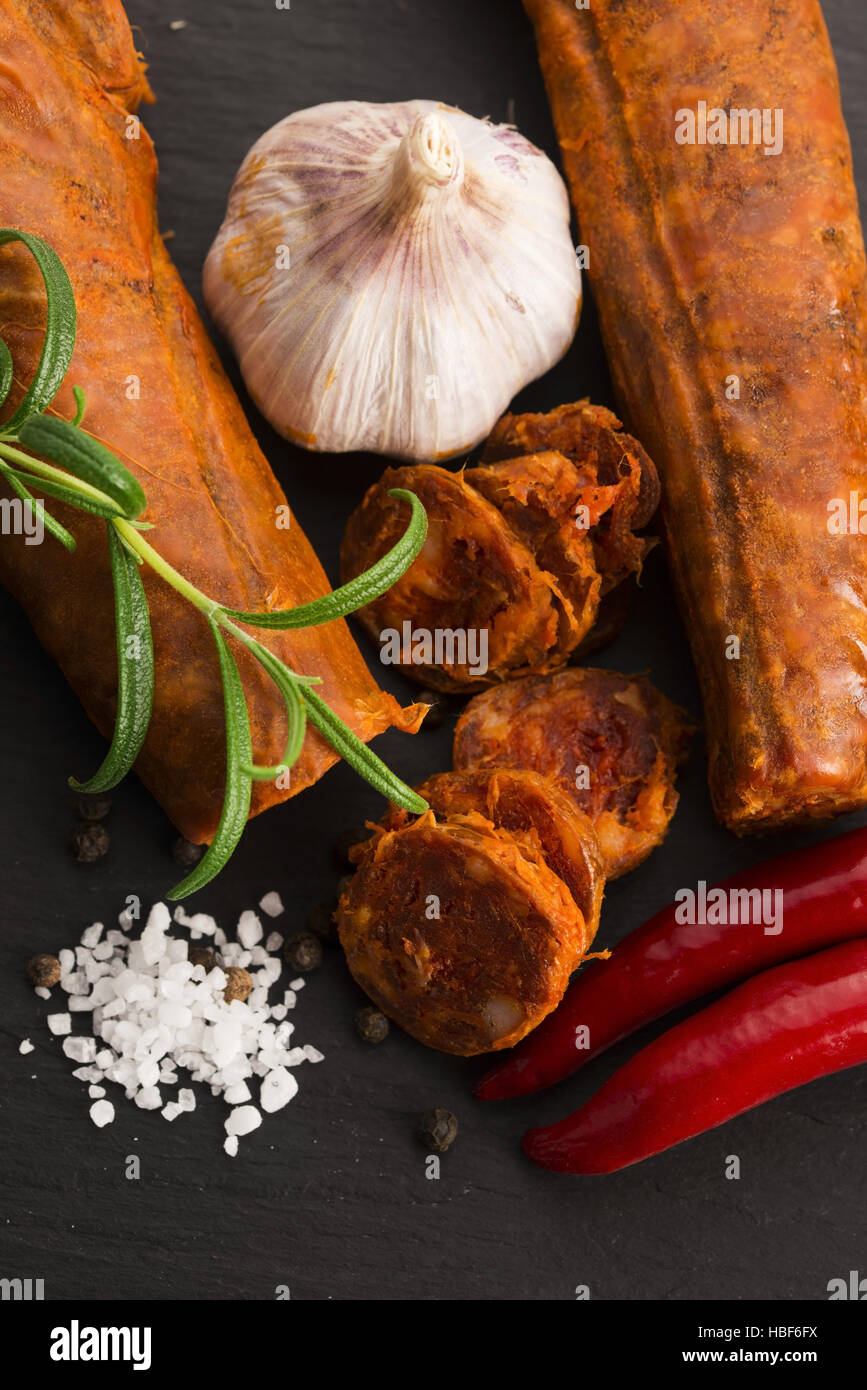spanish traditional chorizo sausage, with fresh herbs Stock Photo - Alamy