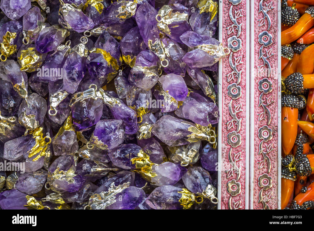 Glass gentle violet jewellery beads that looks like candy, Grand Bazaar, Istanbul, Turkey Stock Photo