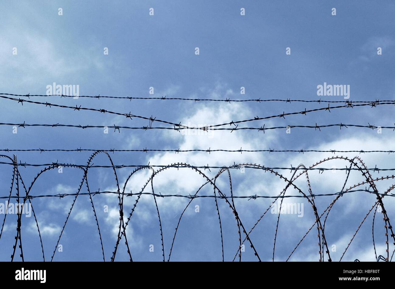 Security area secured with barbed wire fence Stock Photo