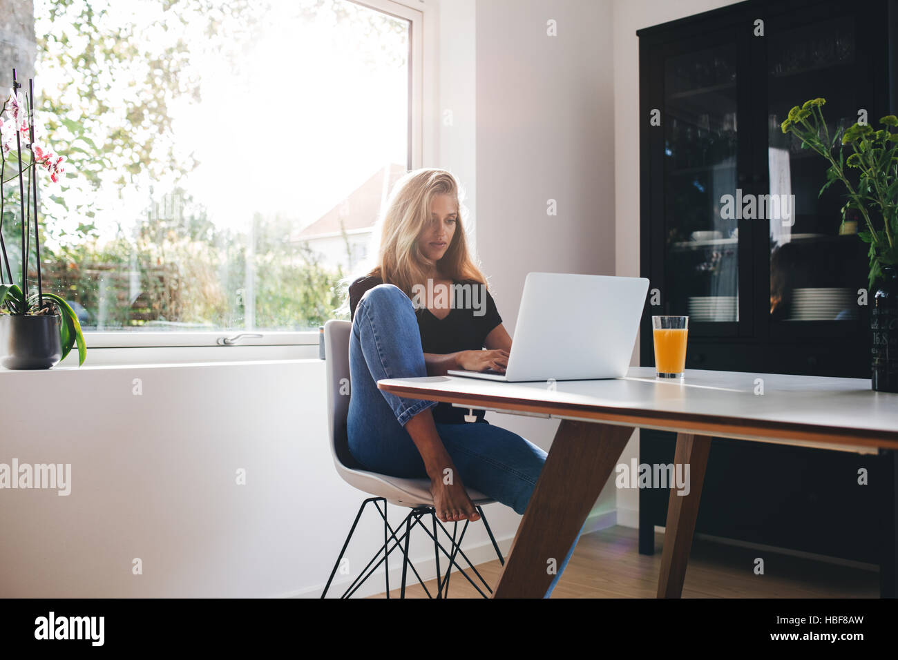 Young woman sitting in kitchen and working on laptop in morning. Female using laptop dining table with fruit juice. Stock Photo