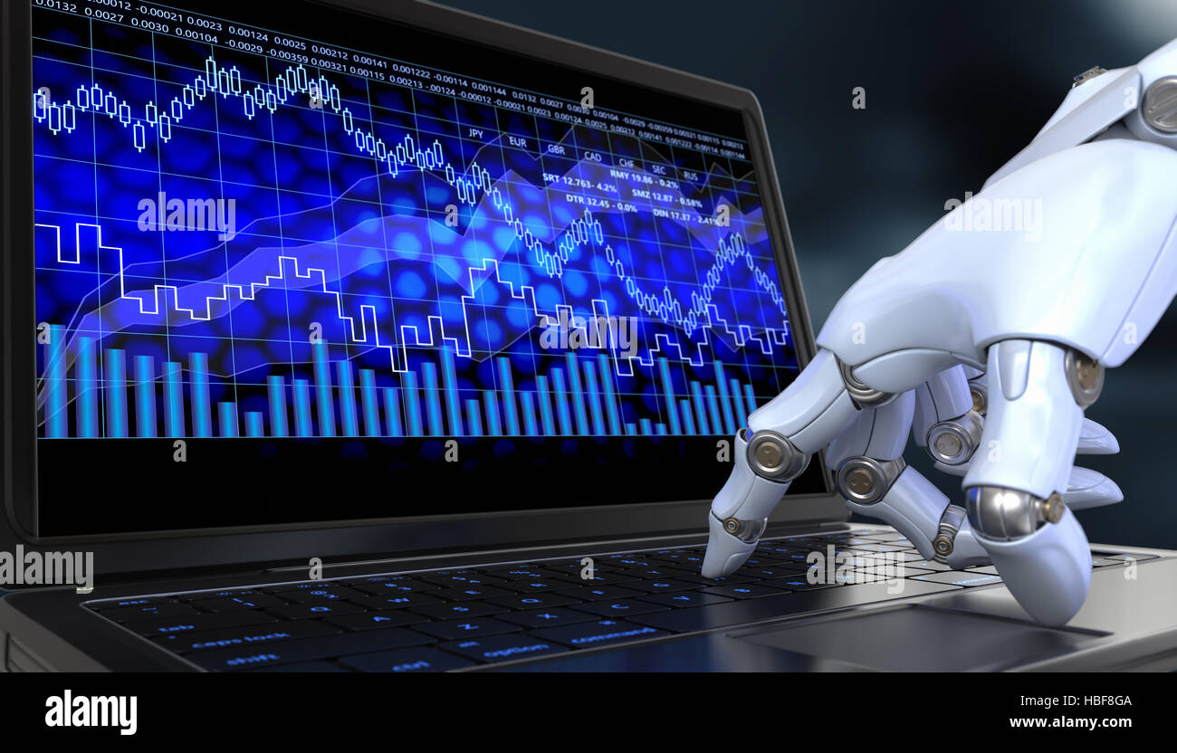 Exchange trade robot. Automated trading system is a computer trading program. Stock Photo