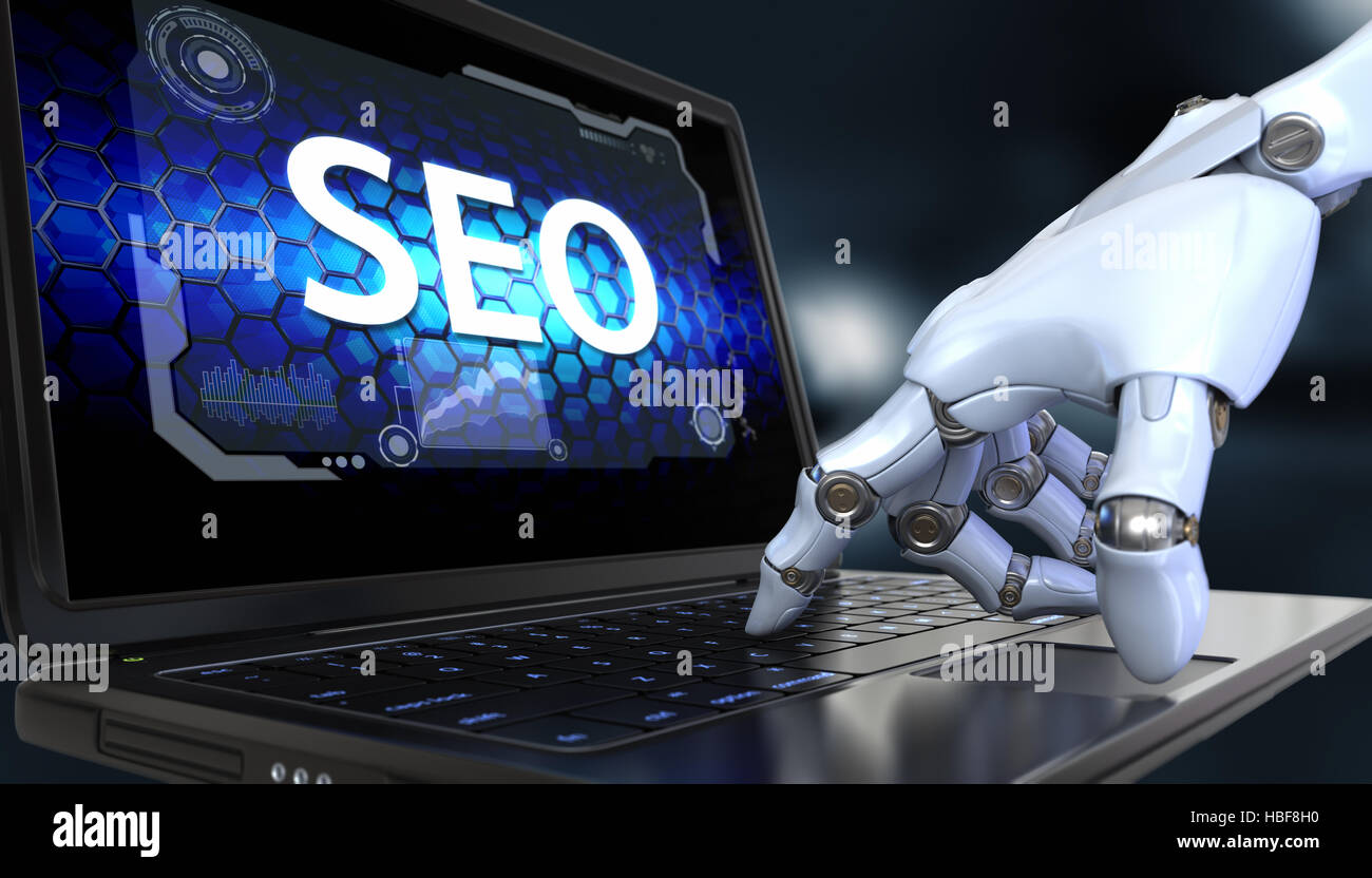 Close up of SEO Planning Concept on Landing Page of Laptop Stock Photo
