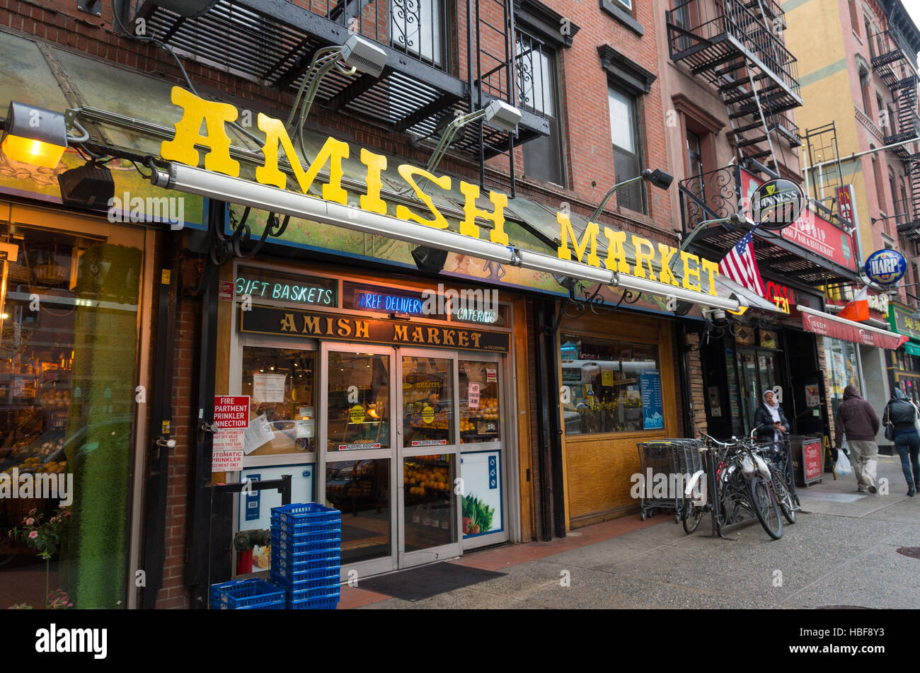 NEW YORK CITY, USA - APRIL 26, 2016: Exterior of an Amish market in Manhattan. The Amish are committed to a simple life where one is almost completely Stock Photo
