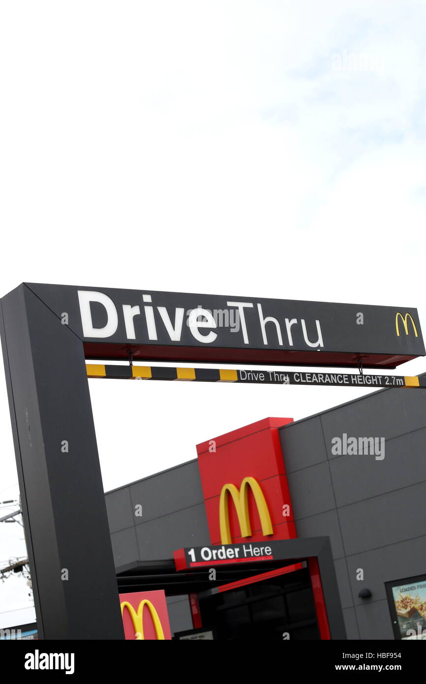 Australian fast food chain meal Mc Donald's drive thru sign Stock Photo