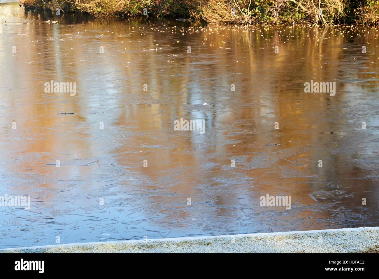 frozen small lake pond on a cold winter morning in the uk Stock Photo