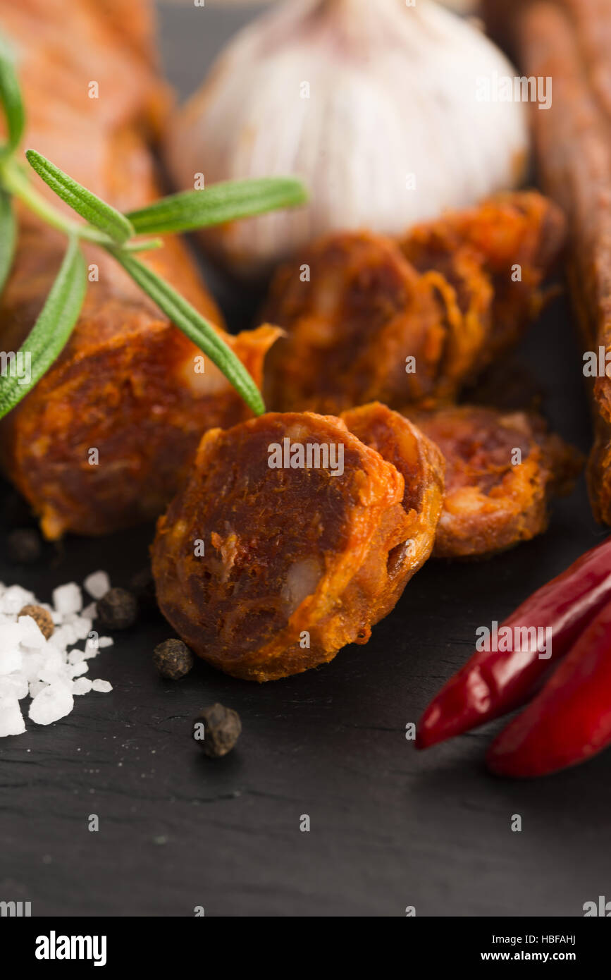 spanish traditional chorizo sausage, with fresh herbs Stock Photo - Alamy