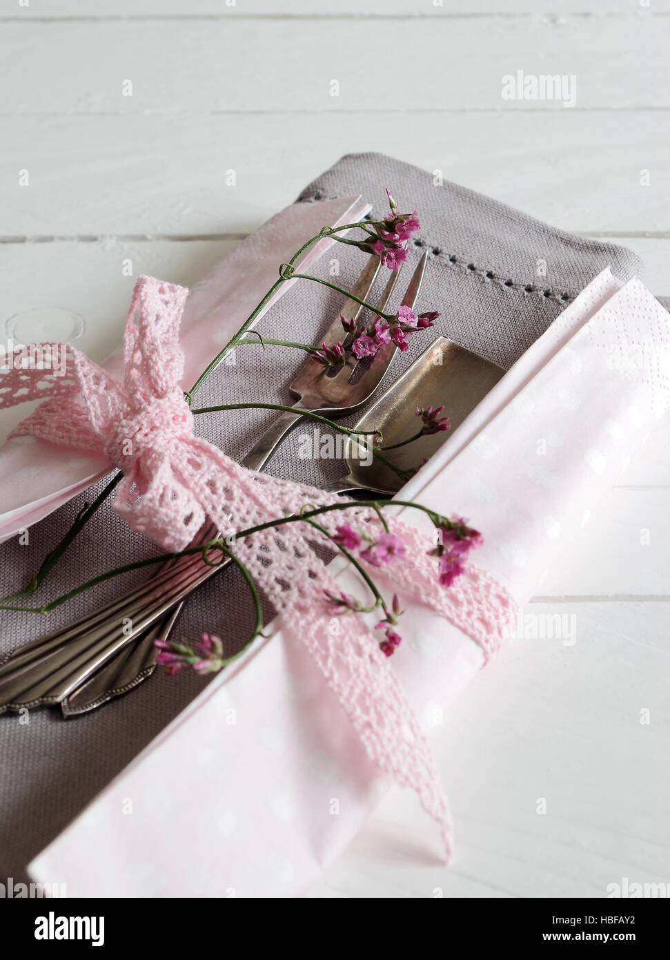napkin, cake fork and little flower Stock Photo Alamy