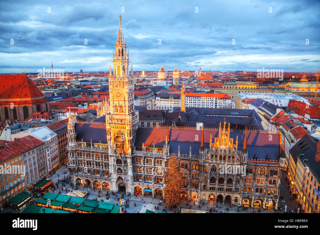 MUNICH - NOVEMBER 30: Aerial view of Marienplatz on November 30, 2015 in Munich. It's the 3rd largest city in Germany, after Berlin and Hamburg Stock Photo