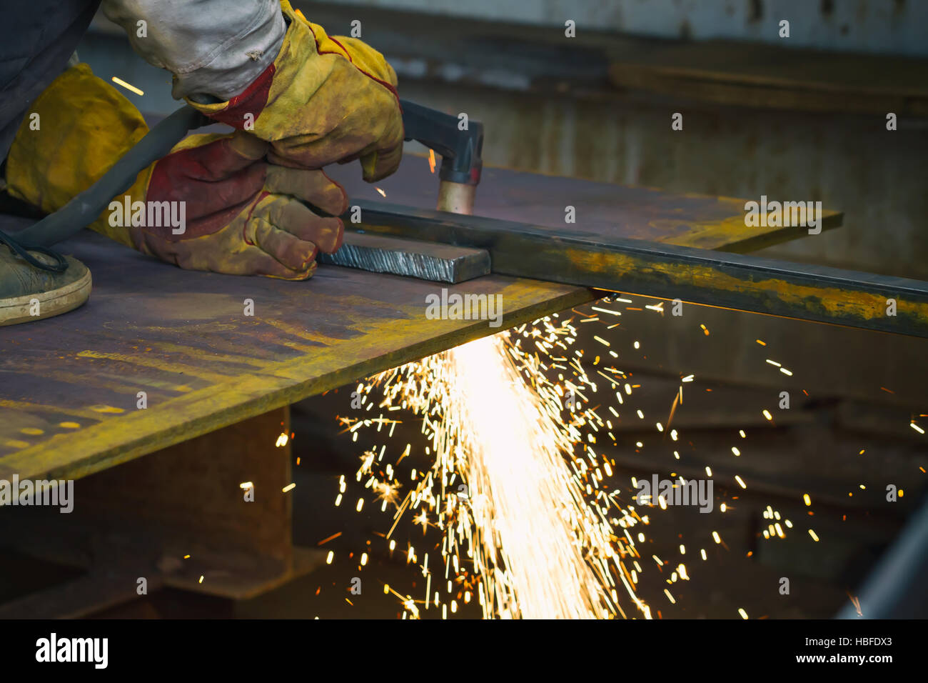Plasma cutting steel plate Stock Photo
