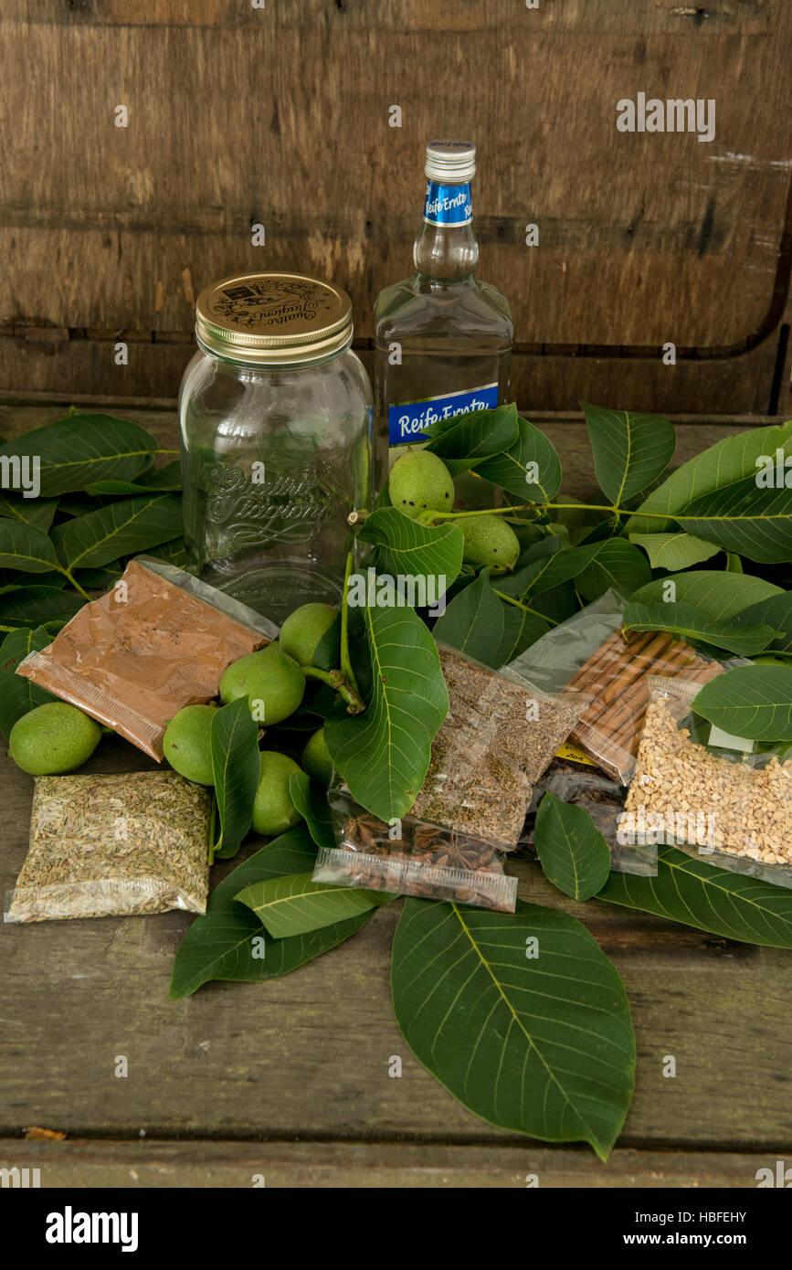 walnuts with leafs Stock Photo