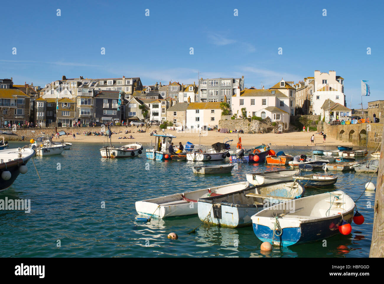 St. Ives harbour beach boats and sea front, Cornwall England UK. Stock Photo