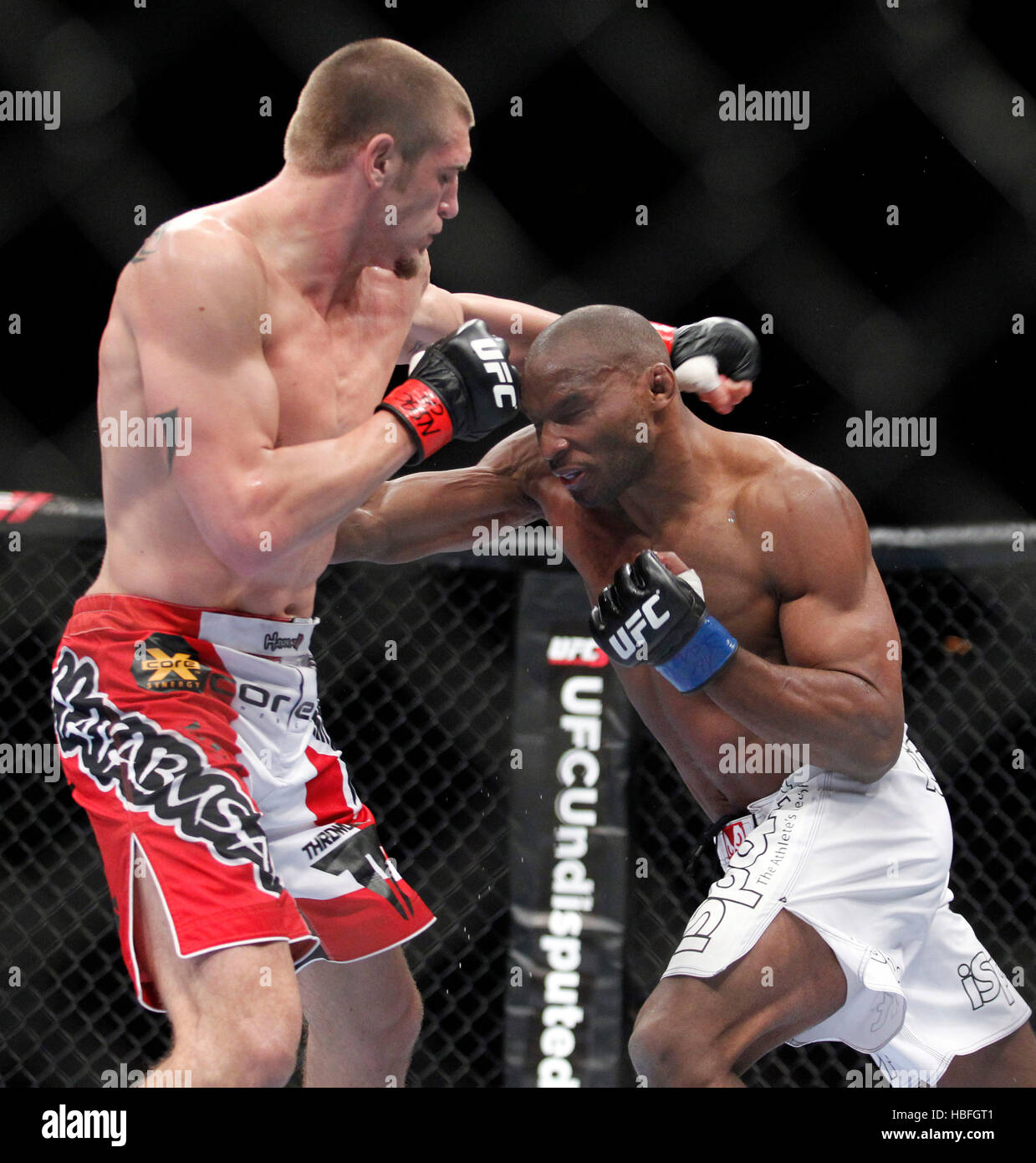 Dustin Jacoby, left, fights Clifford Starks during UFC 137 at the Mandalay Events Center in Las