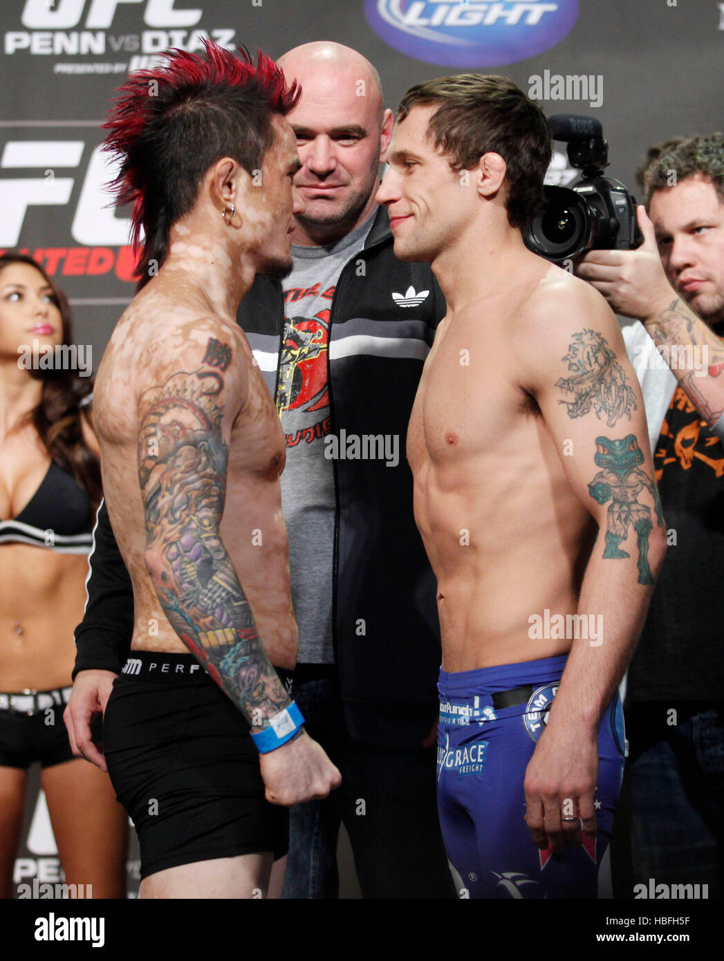 UFC fighters Scott Jorgensen, left, and Jeff Curran square-off during a  weigh-in for UFC 137 in Las Vegas, Nevada on Friday, October 28, 2011.  Photo by Francis Specker Stock Photo - Alamy, image size:1047x1390