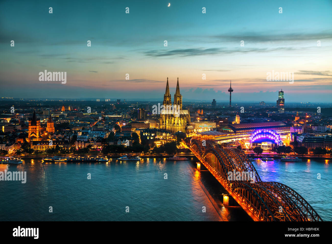 Cologne aerial overview after sunset Stock Photo