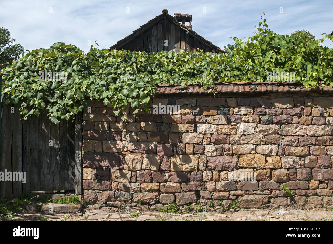 Stonewall fence and wooden door Stock Photo