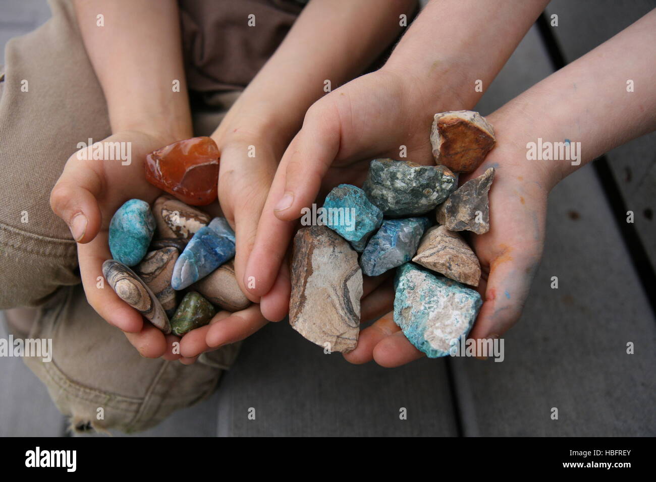 children holding rocks before and after being polished including sandstone and agate Stock Photo