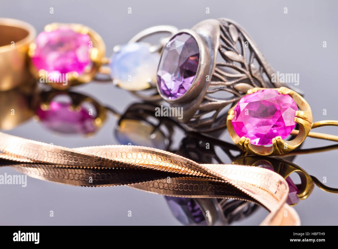 variety of jewelry made of precious metals Stock Photo